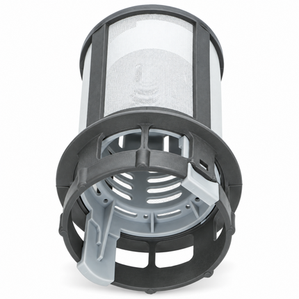 A cylindrical replacement filter cartridge with a white mesh body, black outer frame, and gray internal support structure, shown on a plain white background.