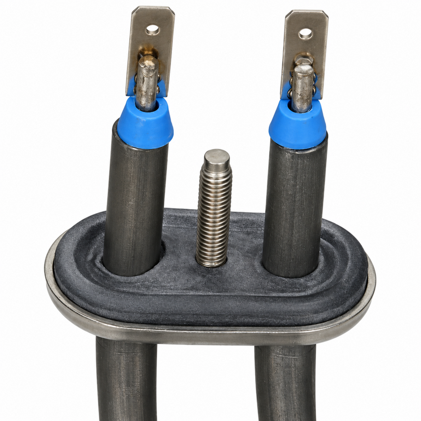 A close-up of a metal electrical or mechanical component with two dark gray cylindrical posts, blue plastic collars, silver metal terminal plates, and a central threaded bolt on a dark gray base, isolated on a white background.