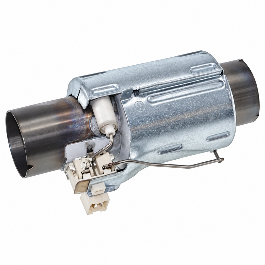 A metal automotive exhaust component with a galvanized body, dark metal flanges, a small white ceramic element, and an attached wire harness on a plain white background.