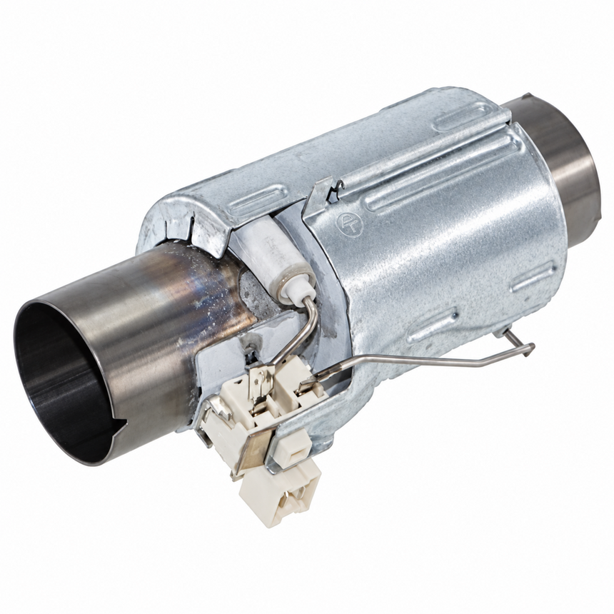 A galvanized steel exhaust or heat shield component with a metal cylindrical inlet, a larger metal outlet section, and an attached white plastic electrical connector with wires, shown on a plain white background.