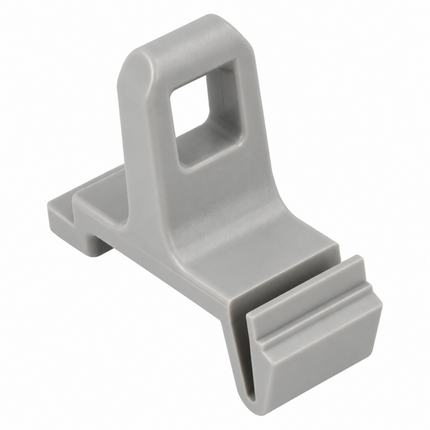 A light gray plastic clip or bracket with a square cutout in the upright section and a slanted bottom tab, shown on a plain white background.