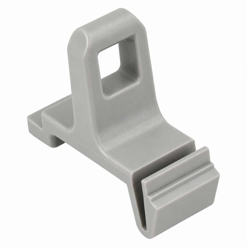 A light gray plastic clip or bracket with a square cutout in the upright section and a slanted bottom tab, shown on a plain white background.