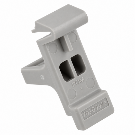 Gray plastic clip with 'POM' and a part number on a white background