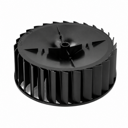 A black plastic circular fan blade assembly with multiple curved blades and a central hub, shown on a plain white background.