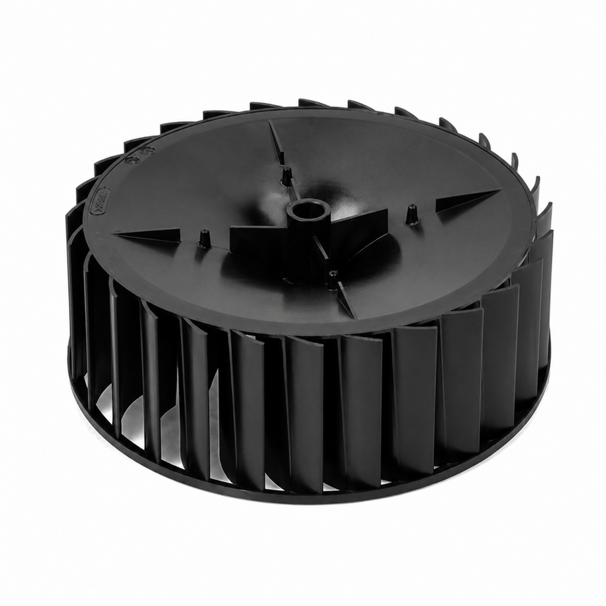 A black plastic circular fan blade assembly with multiple curved blades and a central hub, shown on a plain white background.