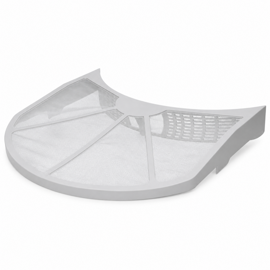 A white plastic mesh filter panel with a curved, semi-transparent cover and a perforated vent section, shown on a solid white background.