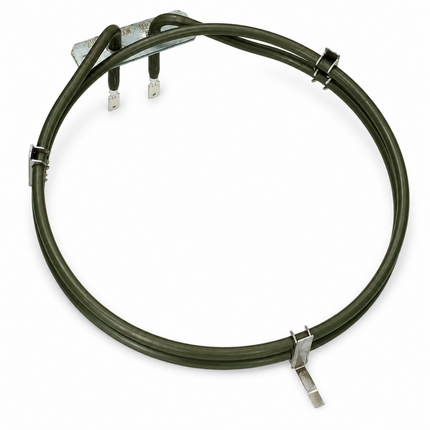 Coiled heating element with metal connectors on a white background