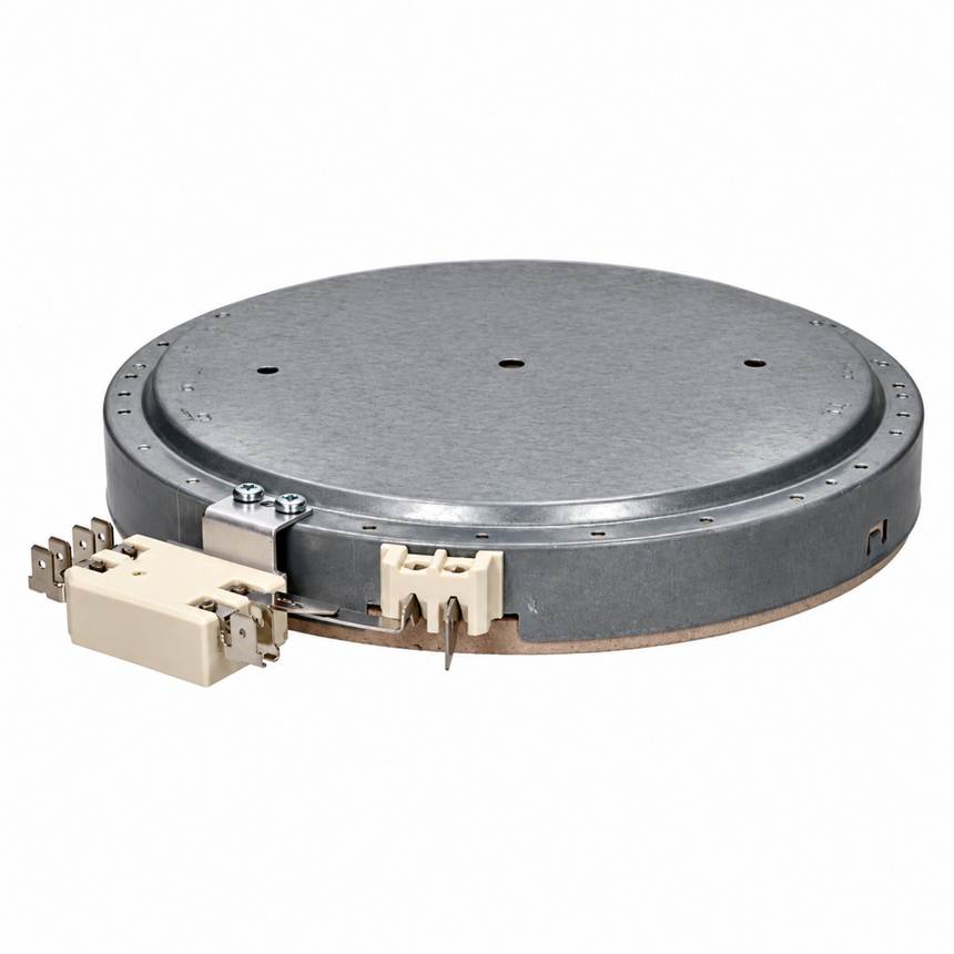 A circular metal appliance component, likely a burner plate or heat exchanger assembly, featuring a textured gray top surface, a dark gray metal rim, and beige plastic electrical connectors on the side.