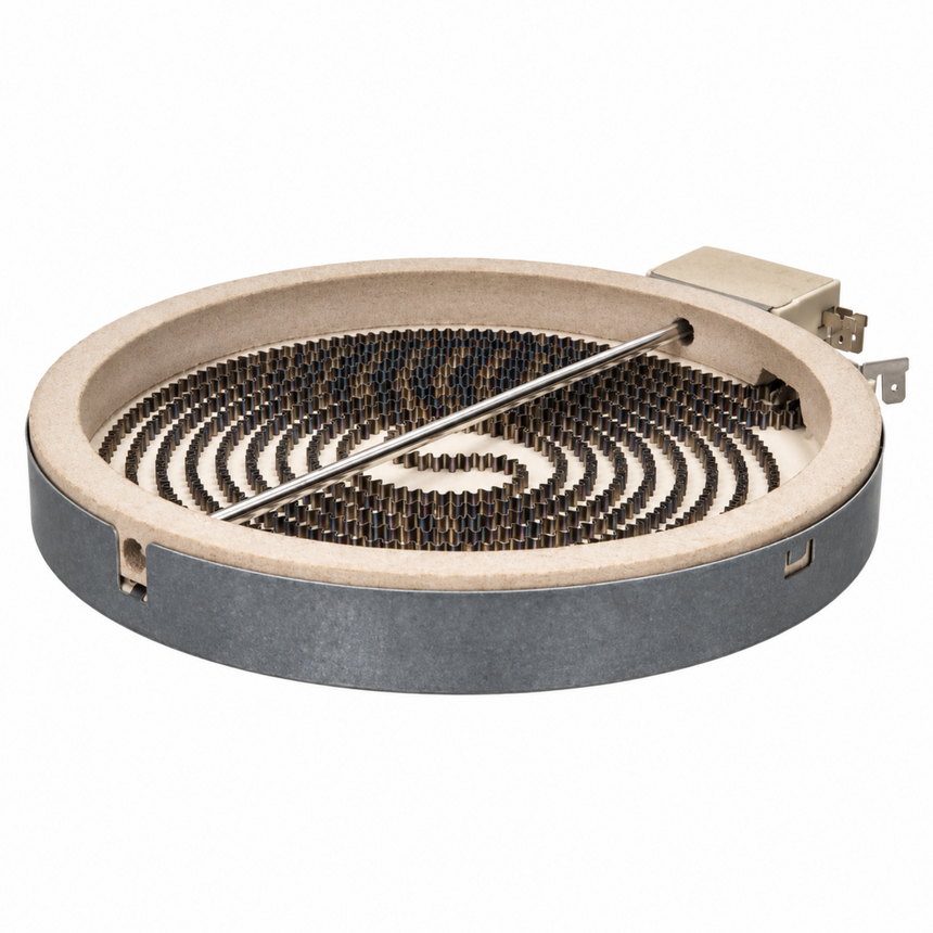 An electric coil burner assembly for a stove or oven, featuring a circular dark gray metal outer ring, a beige cardboard insert, and a coiled black heating element with a metal support rod, shown on a white background.