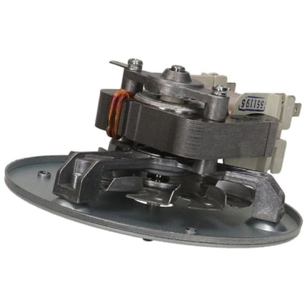 A replacement electric motor assembly for a lawn mower or tiller, featuring a dark gray metal casing, a gray base plate, a gray stator, and a copper coil, shown on a white background.