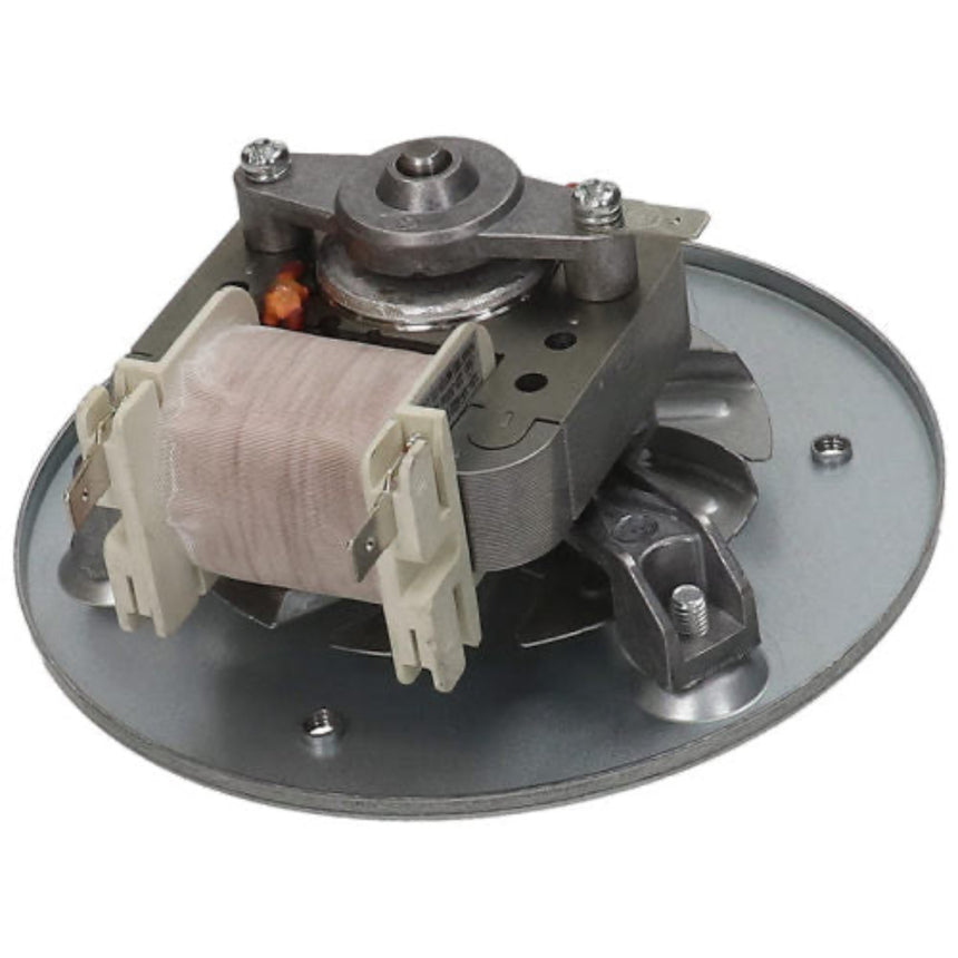 A replacement motor assembly for a laundry or washing machine, featuring a gray metal casing, a beige wire-wrapped stator coil, and a circular mounting base, shown on a white background.