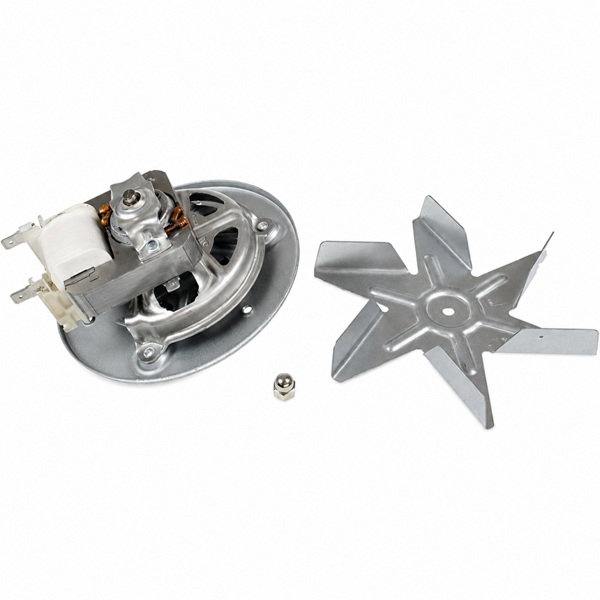 Mechanical parts including a motor and fan blade on a white background
