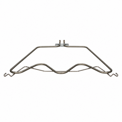 A metal rack or support frame with a curved top bar, two downward-sloping side arms, and two small hooks at the lower ends, shown on a plain white background.