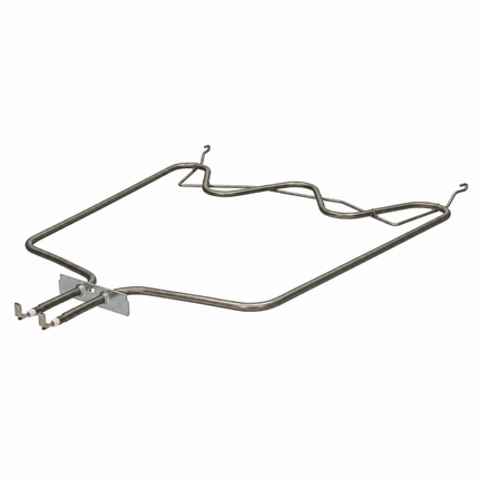 A stainless steel electric heating element coil with a silver metal mounting bracket, shown on a plain white background.