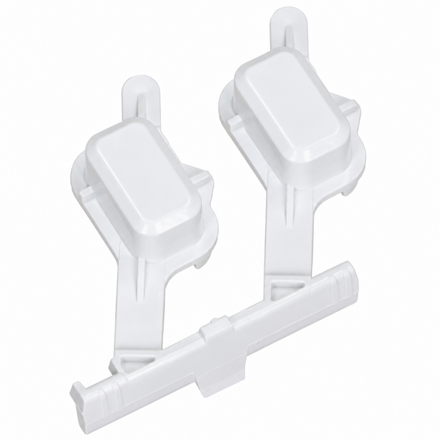 Two white plastic replacement parts with a horizontal mounting bar, shown on a plain white background.