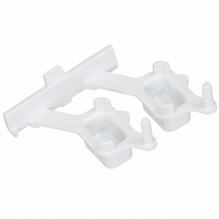 A pair of white plastic replacement brackets or clips, likely for window or door trim, shown on a solid white background.