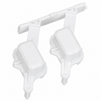 Two white plastic replacement parts with a mounting bracket, shown on a plain white background.