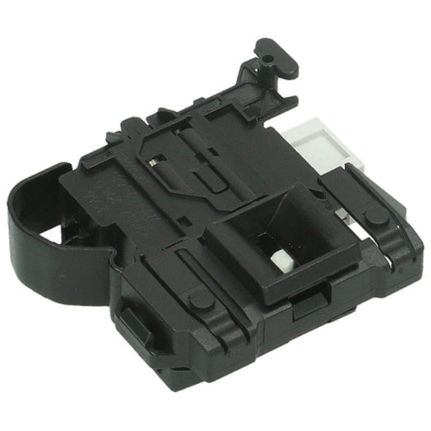 A black plastic automotive or electronic connector module with a small white internal component visible, isolated on a white background.