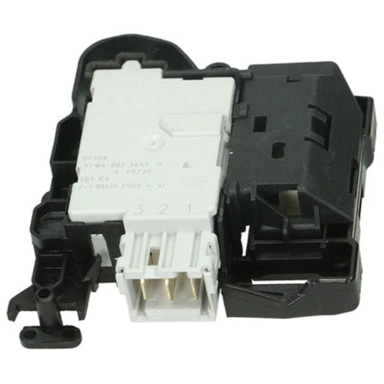A black plastic electrical relay component with a white connector housing and printed technical specifications on the side, isolated on a white background.
