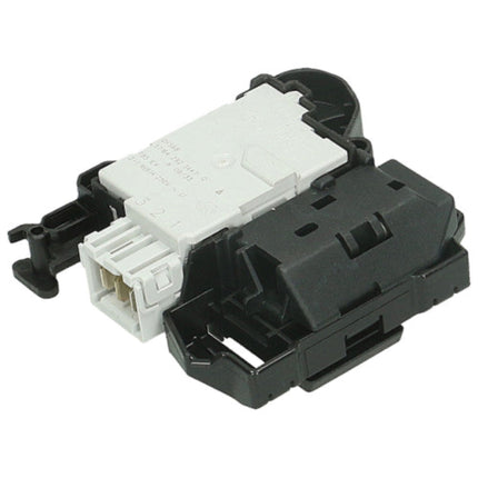 A black plastic automotive switch module with a white connector housing and molded black housing, photographed on a white background.