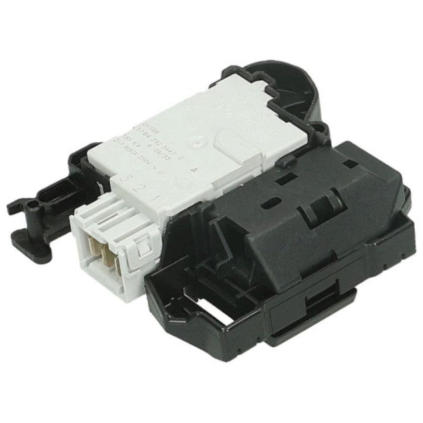 A black plastic automotive switch module with a white connector housing and molded black housing, photographed on a white background.