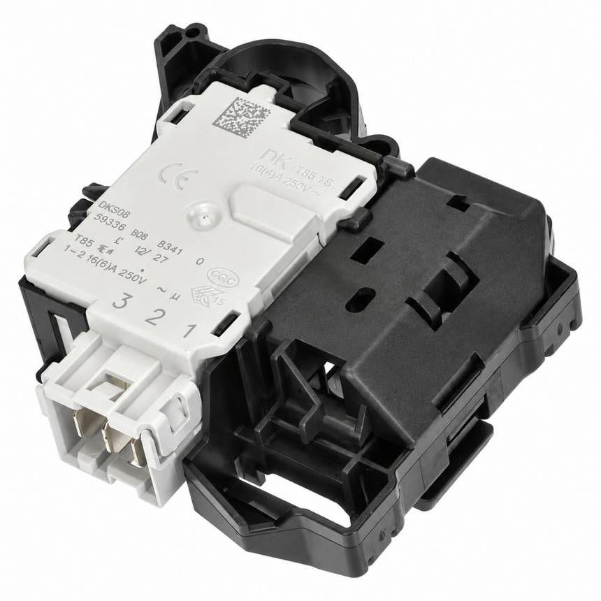 A black and white electrical contactor or relay component with printed specifications and a QR code, isolated on a white background.