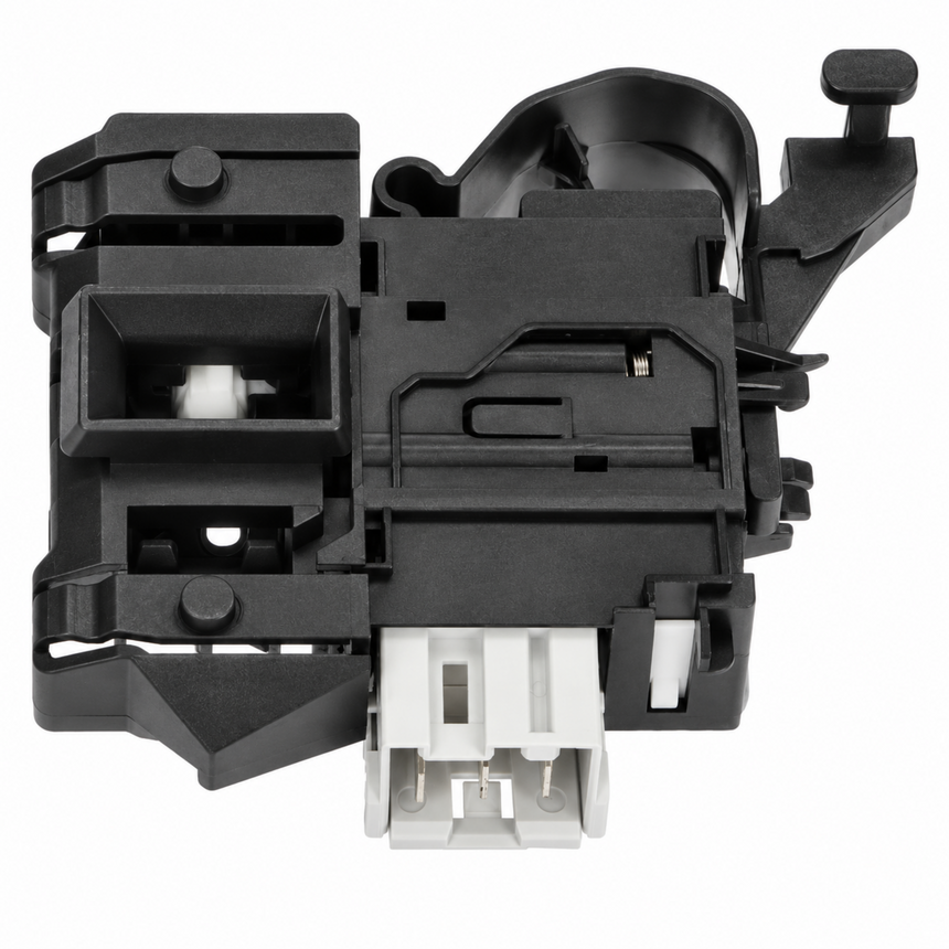 A black plastic automotive switch module with a white connector plug, photographed on a plain white background.