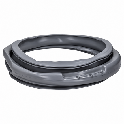 A gray plastic replacement seal or gasket ring, coiled and shown from a top-down perspective on a solid white background.