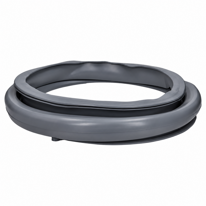 A dark gray plastic appliance seal or gasket ring, photographed on a clean white background.