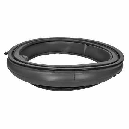 A black rubber door seal or weatherstrip shown coiled on a plain white background.