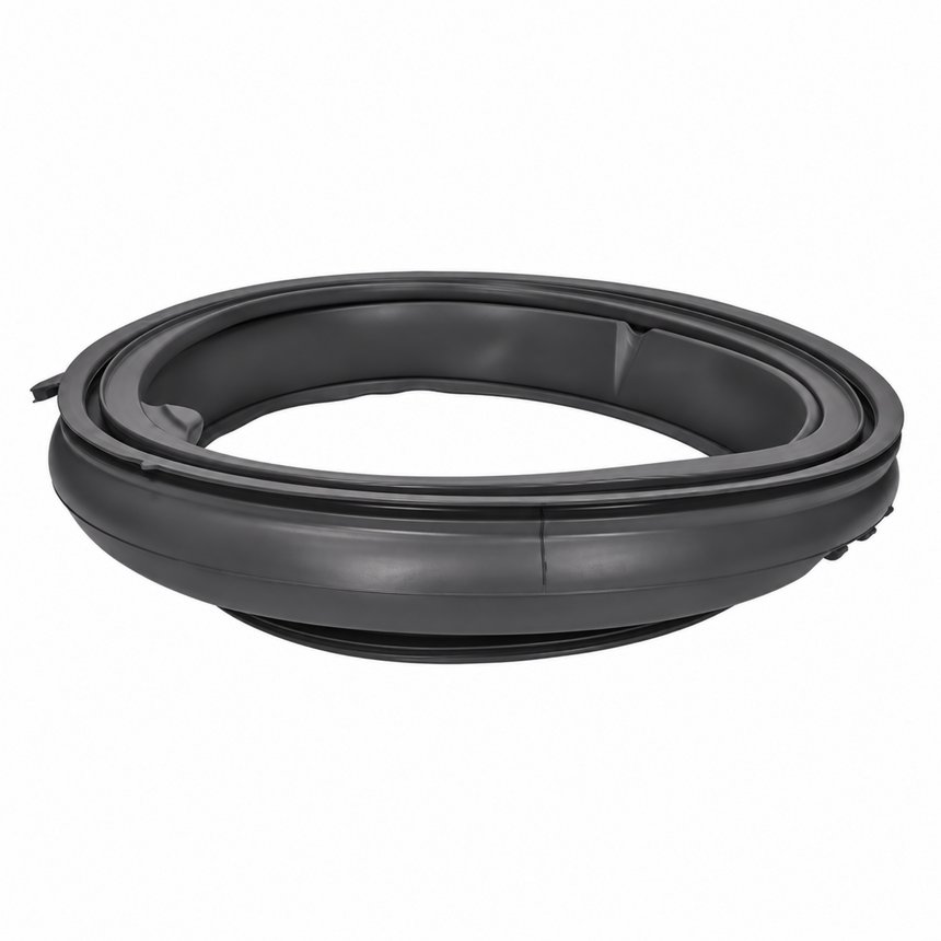 A black rubber door seal or weatherstrip shown coiled on a plain white background.