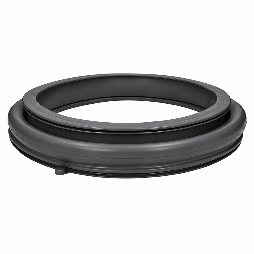 A black rubber door seal or gasket ring, shown coiled on a plain white background.