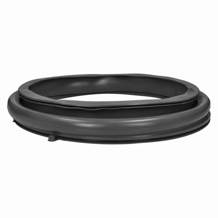 A black rubber door seal or weatherstripping gasket shown coiled on a plain white background.