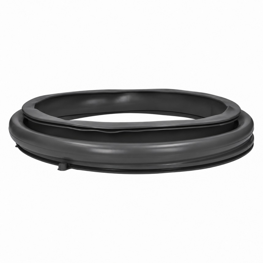 A black rubber door seal or weatherstripping gasket shown coiled on a plain white background.