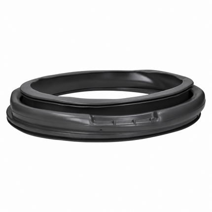 A black rubber door seal or gasket ring, shown folded and photographed on a clean white background.