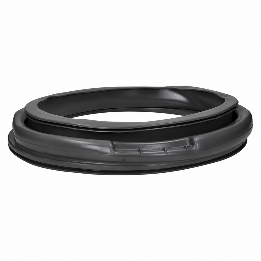 A black rubber door seal or gasket ring, shown folded and photographed on a clean white background.