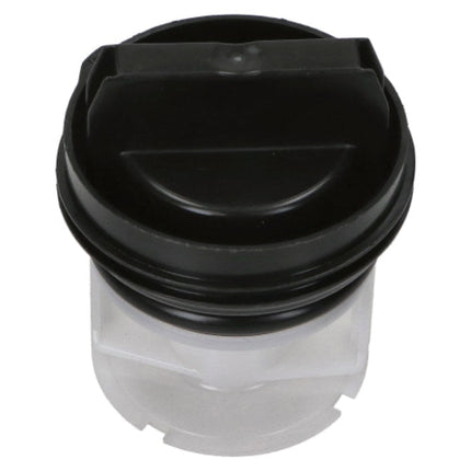 Clear container with a black lid on a white background
