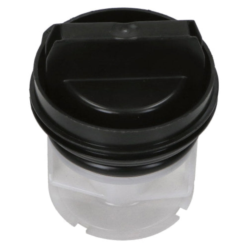 Clear container with a black lid on a white background