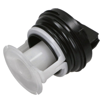 Plumbing component with black and white parts on a white background
