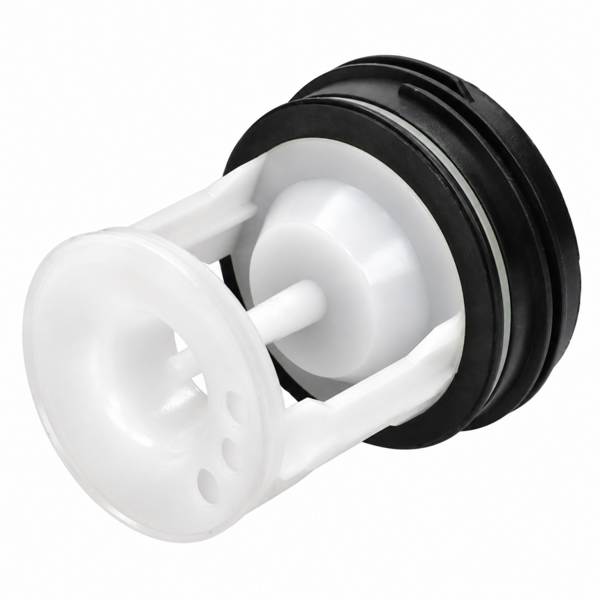 A replacement plastic water filter cartridge with a white front cone and internal white filter element, set against a black outer ring, on a solid white background.