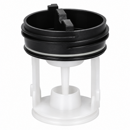 A plastic strainer basket with a black top filter assembly and a white cylindrical base, shown on a solid white background.