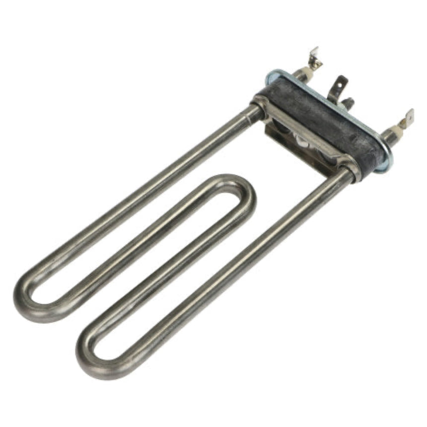 A stainless steel U-shaped heating element coil with a black insulator sleeve and metal terminal ends, isolated on a white background.