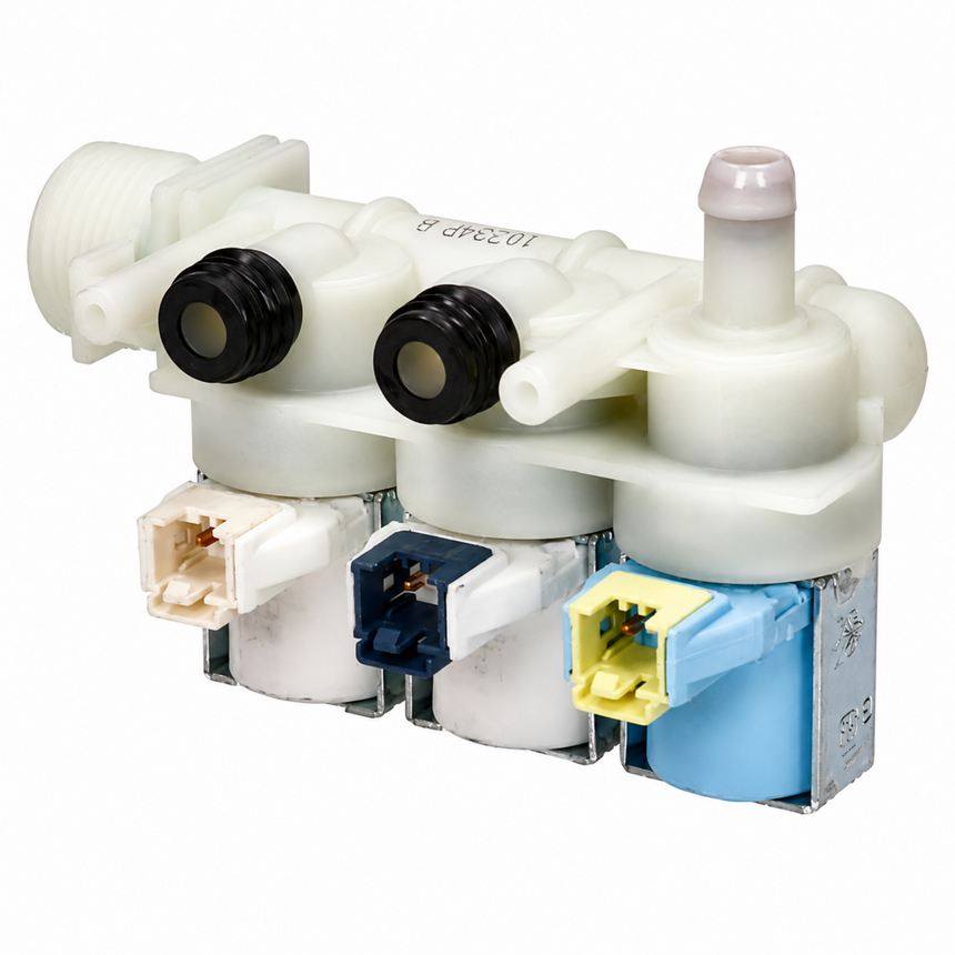 A white plastic water dispenser pump module with black threaded connectors, a white electrical connector, a blue connector, and a light blue motor housing on a white background.