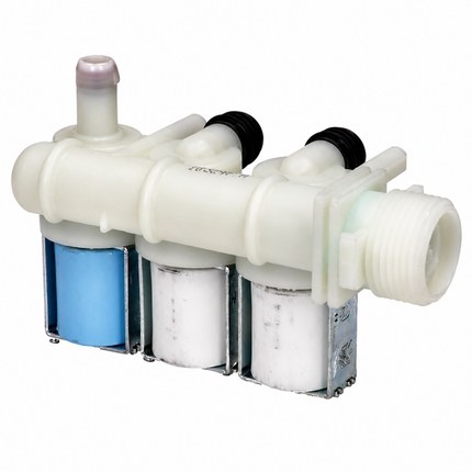 A plastic and metal water filter assembly with a white body, two cylindrical filter cartridges, one blue cartridge, and black connector caps, isolated on a white background.