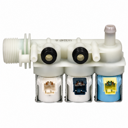 A white plastic water dispenser valve assembly with three electrical connectors underneath, shown on a plain white background.