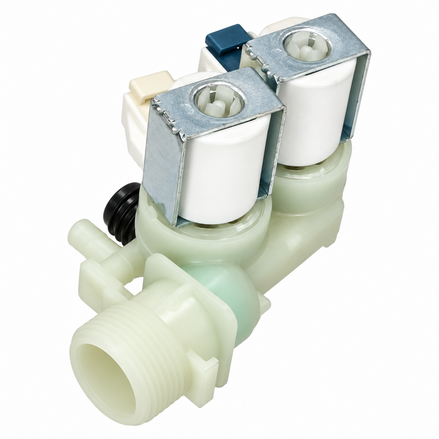 A plastic water filter assembly with two white ceramic filter cartridges mounted on silver metal brackets, set against a plain white background.