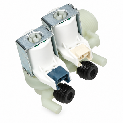 A pair of replacement kitchen faucet aerators with white plastic bodies, silver metal valve bodies, black rubber O-rings, and light green plastic supply tubes, shown on a white background.