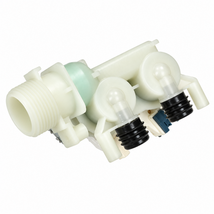 A white plastic inline valve or connector component with a threaded male port, a translucent cap, black threaded fittings, and a small green ring, isolated on a white background.