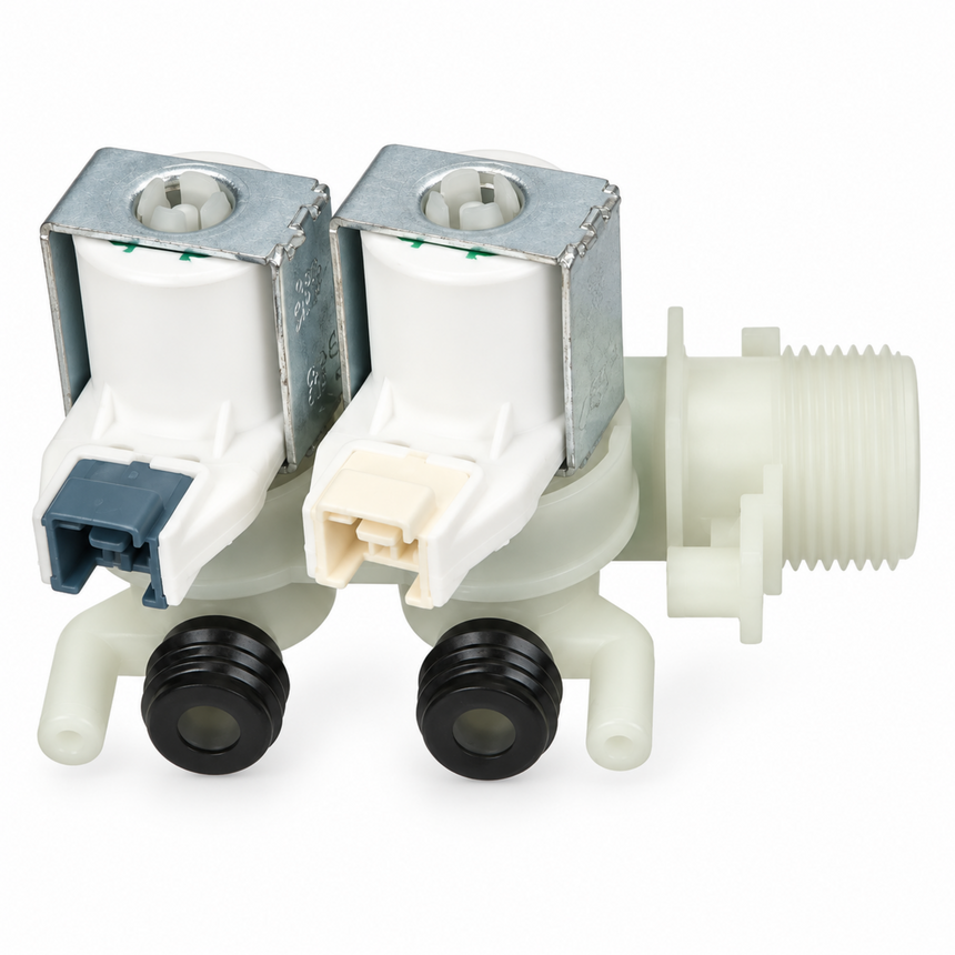A double-inlet water dispenser valve assembly with two solenoid coils, white plastic bodies, black plastic fittings, and a white threaded outlet pipe, shown on a white background.