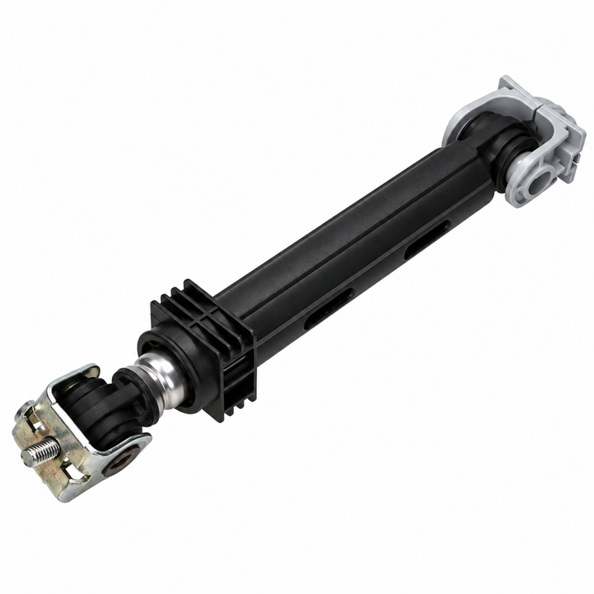 A black metal and plastic mechanical rod or shaft with silver metal end clamps, shown diagonally on a plain white background.